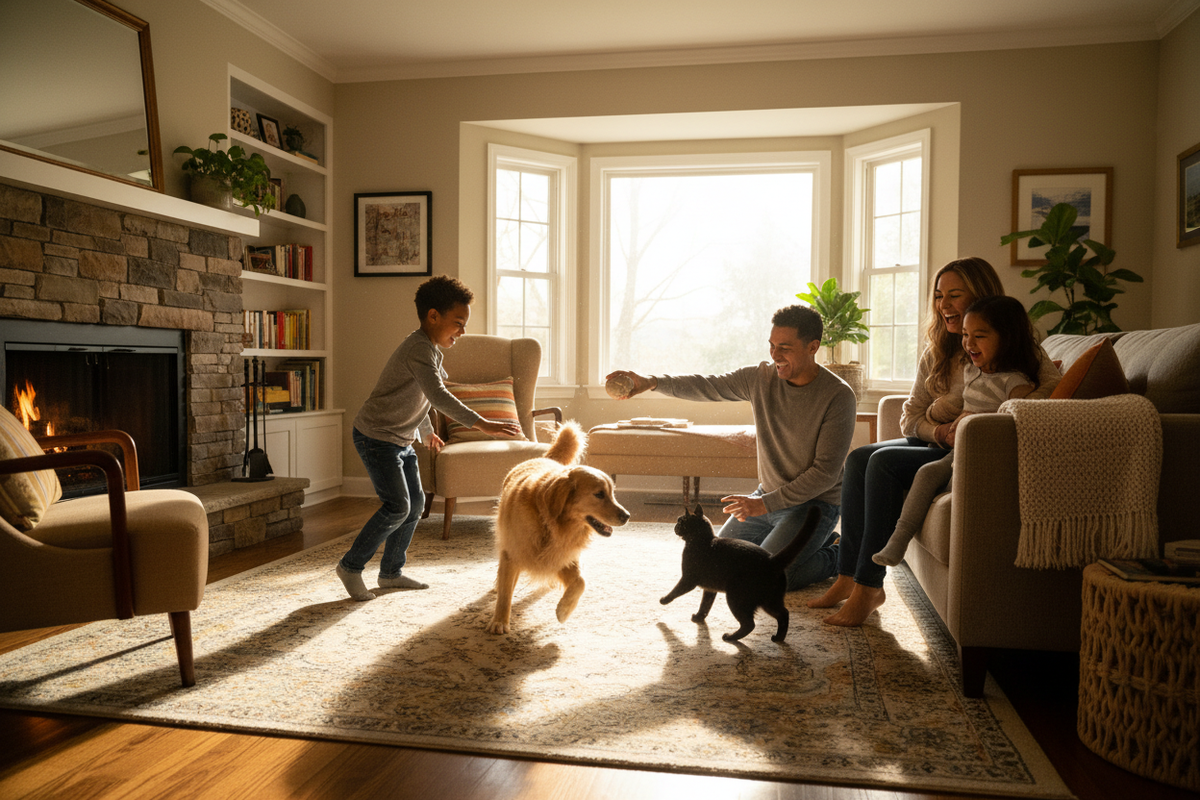 Happy family playing with dog and cat